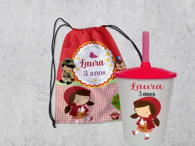 Kit Mochilinha e Copo Personalizado Lembrancinhas da Chapeuzinho Vermelho