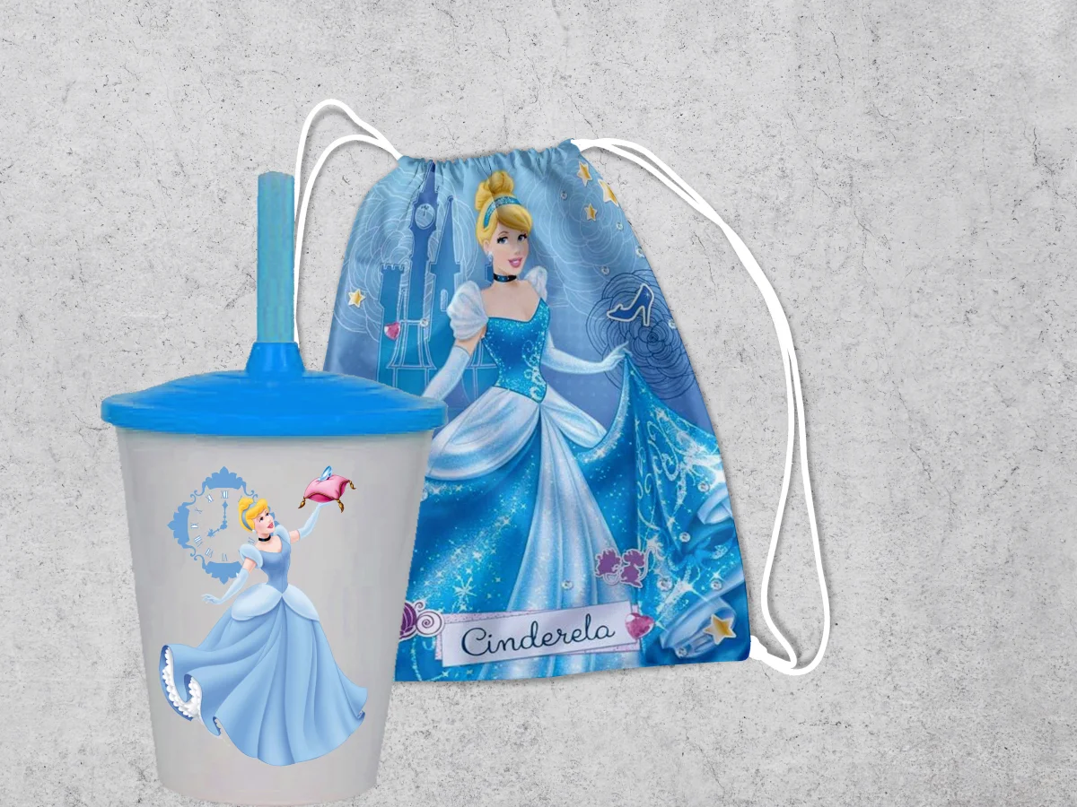 Kit Mochilinha e Copo Personalizado Lembrancinhas da Cinderela - Imagem 2