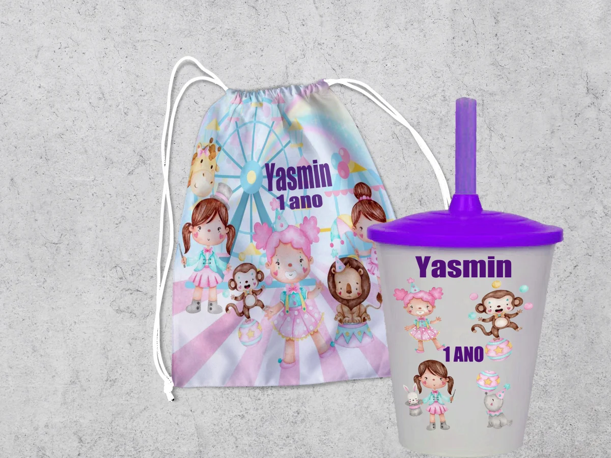 Kit Mochilinha e Copo Personalizado Lembrancinhas Circo Rosa - Imagem 3