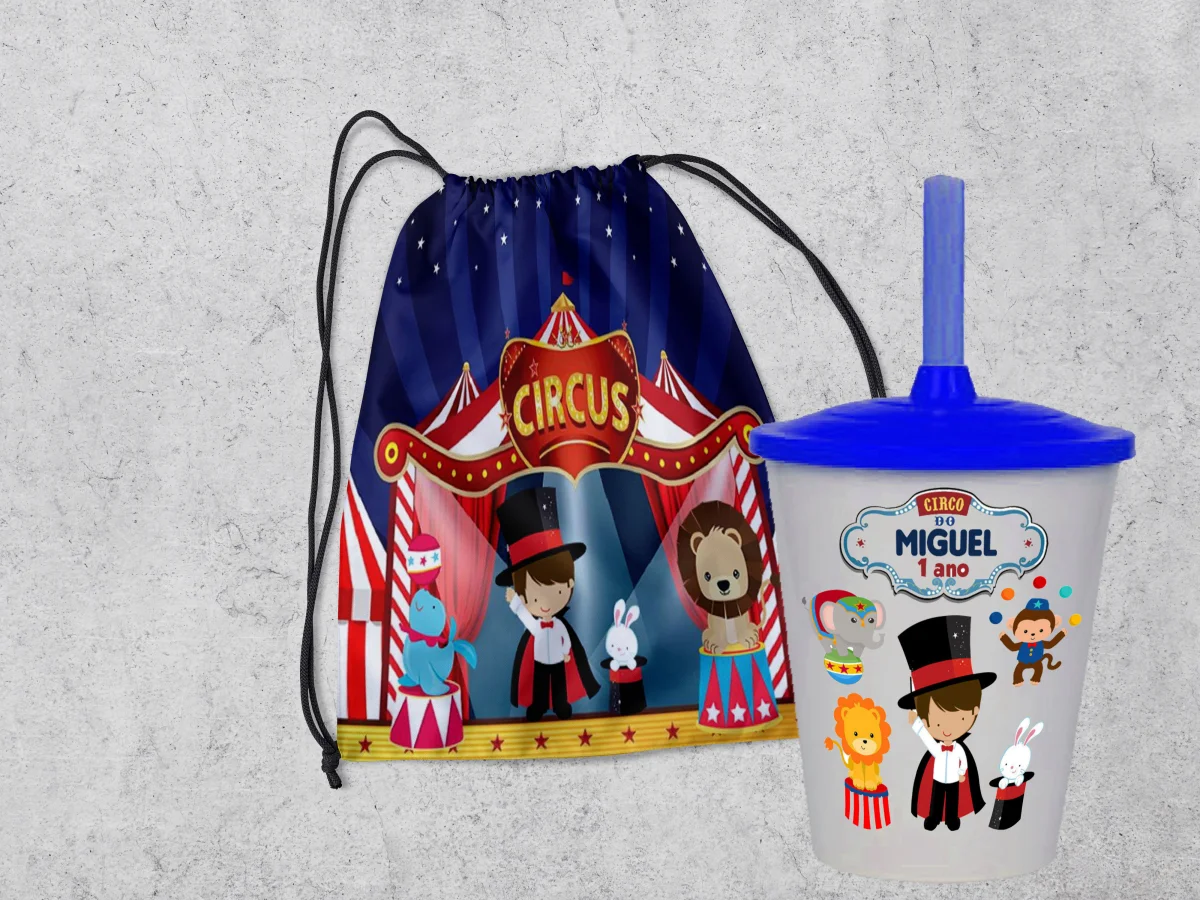 Kit Mochilinha e Copo Personalizado Lembrancinhas tema Circo Mágico - Imagem 1