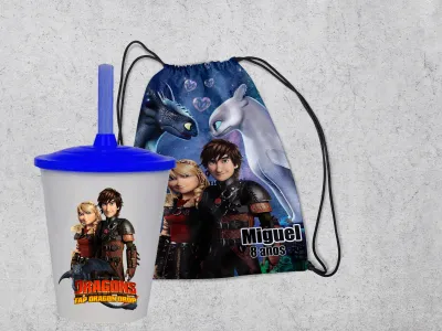 Kit Mochilinha e Copo Personalizado Lembrancinhas Como Treinar o seu Dragão