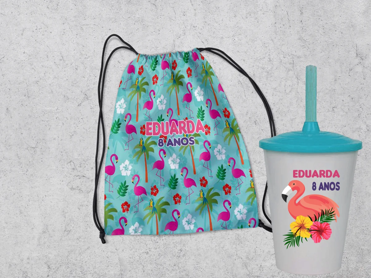 Kit Mochilinha e Copo Personalizado Lembrancinhas Tema Flamingos - Imagem 2