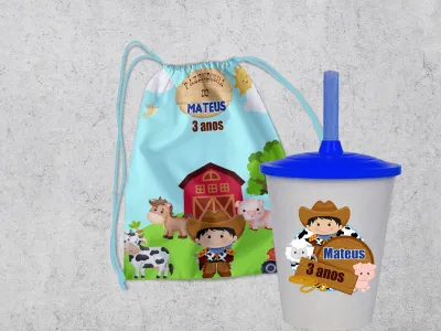 Kit Mochilinha e Copo Personalizado Lembrancinhas Fazendinha