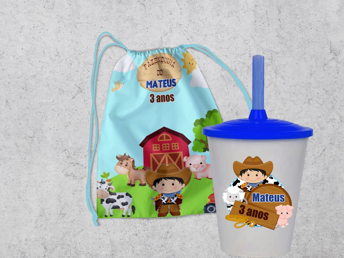 Kit Mochilinha e Copo Personalizado Lembrancinhas Fazendinha - Imagem 2