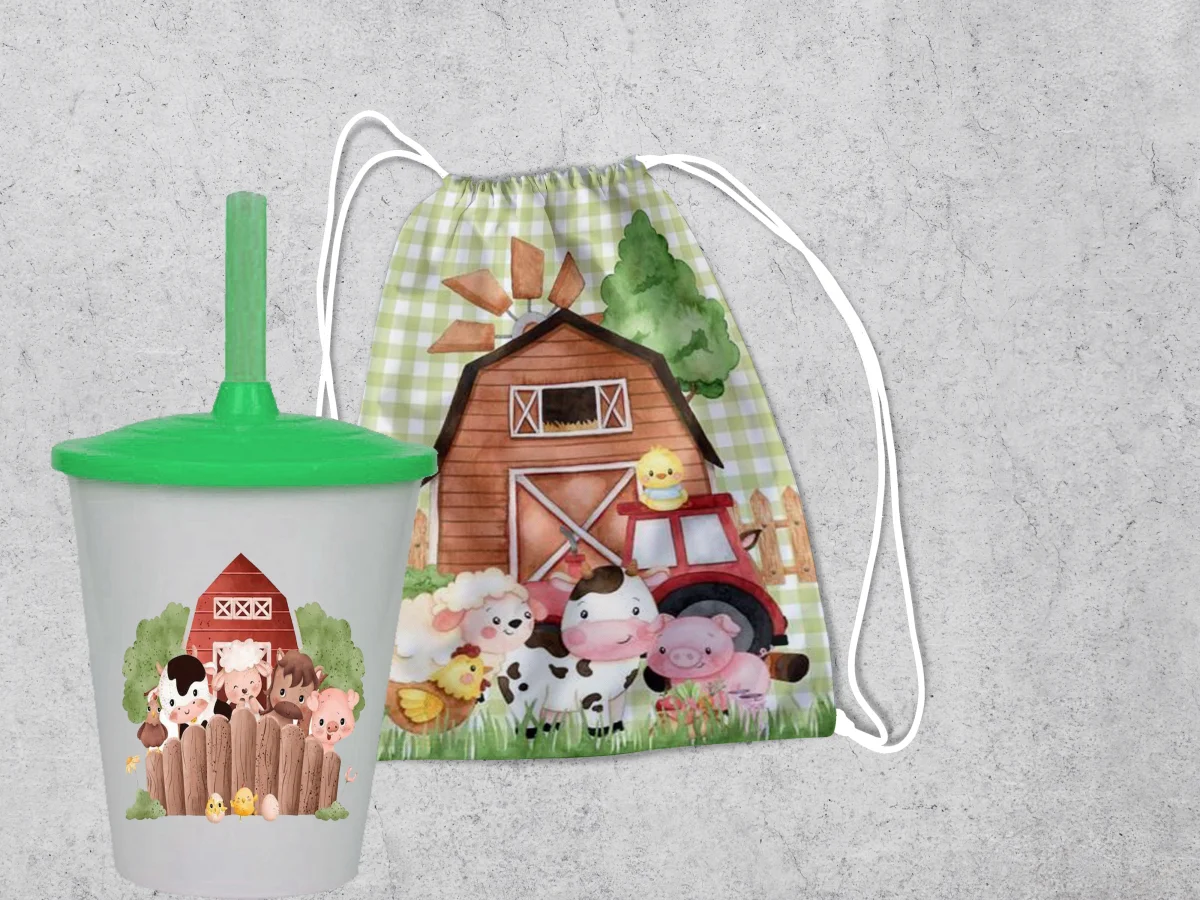 Kit Mochilinha e Copo Personalizado Lembrancinhas Fazendinha - Imagem 4