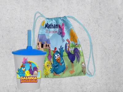 Kit Mochilinha e Copo Personalizado Lembrancinhas da Galinha Pintadinha