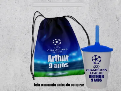 Kit Mochilinha e Copo Personalizado Lembrancinhas Champions League