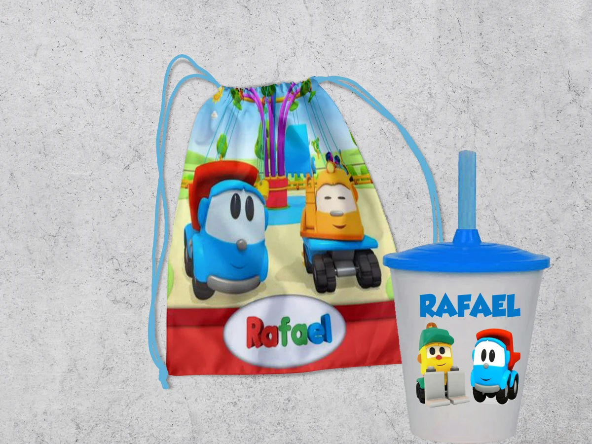 Kit Mochilinha e Copo Personalizado Lembrancinhas Léo o Caminhão - Imagem 3