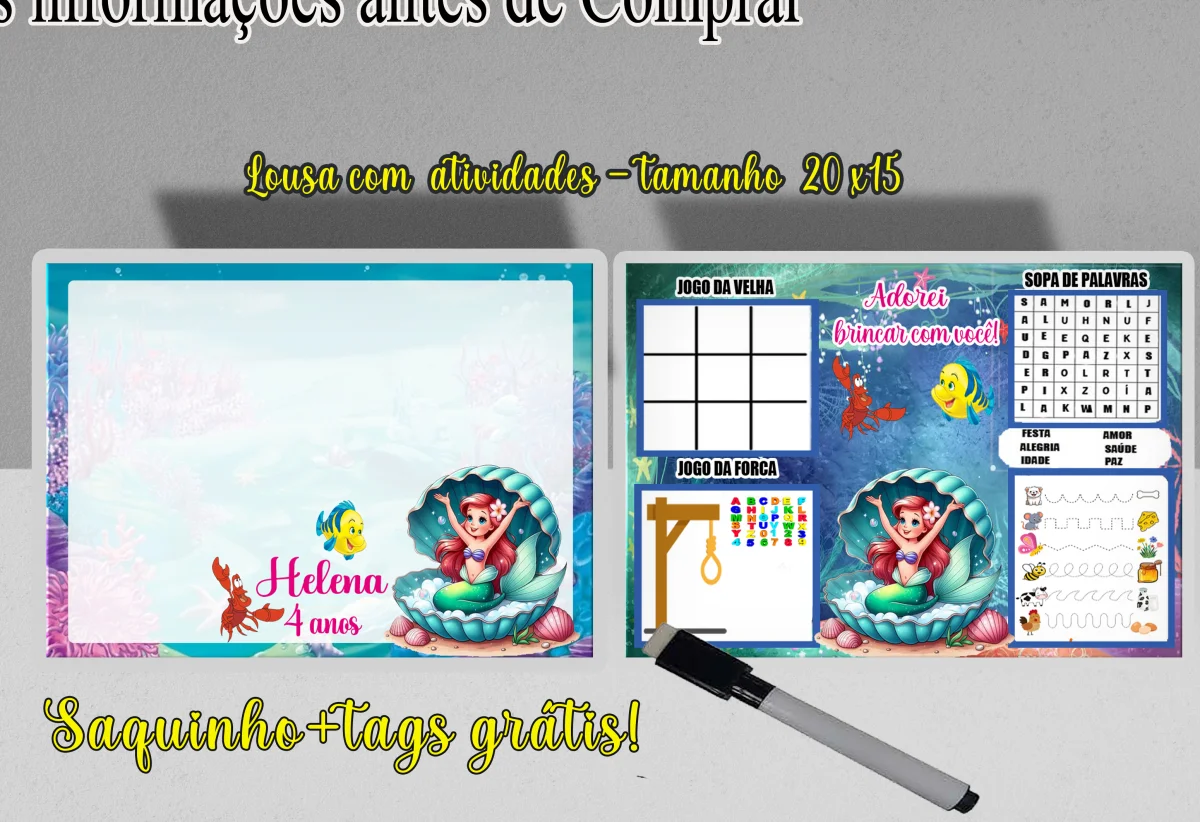 Lousa Magica infantil Divertida para lembrancinhas Sereia Ariel - Imagem 1