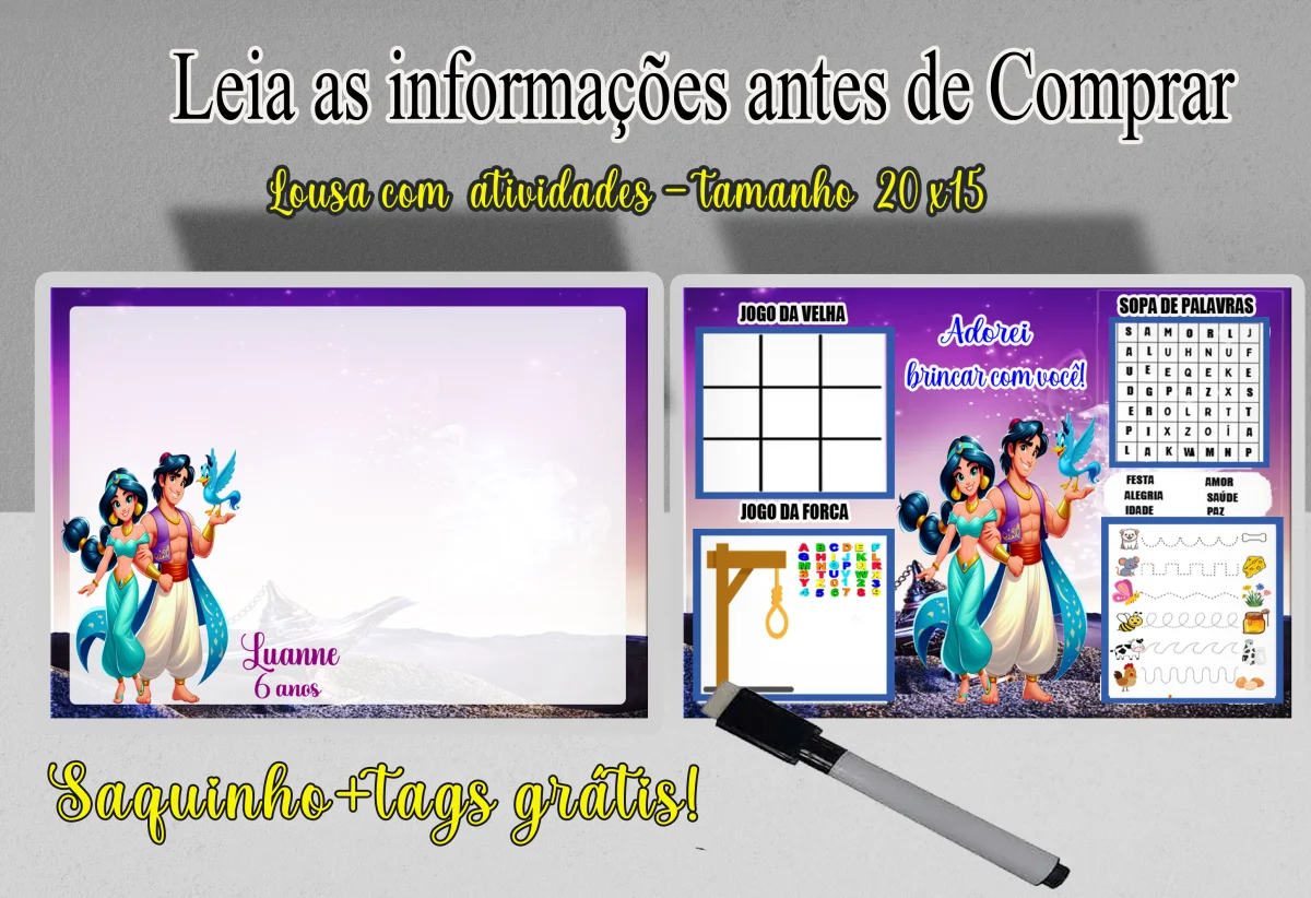 Lousa Magica infantil Divertida para lembrancinhas Aladim e Jasmine - Imagem 3