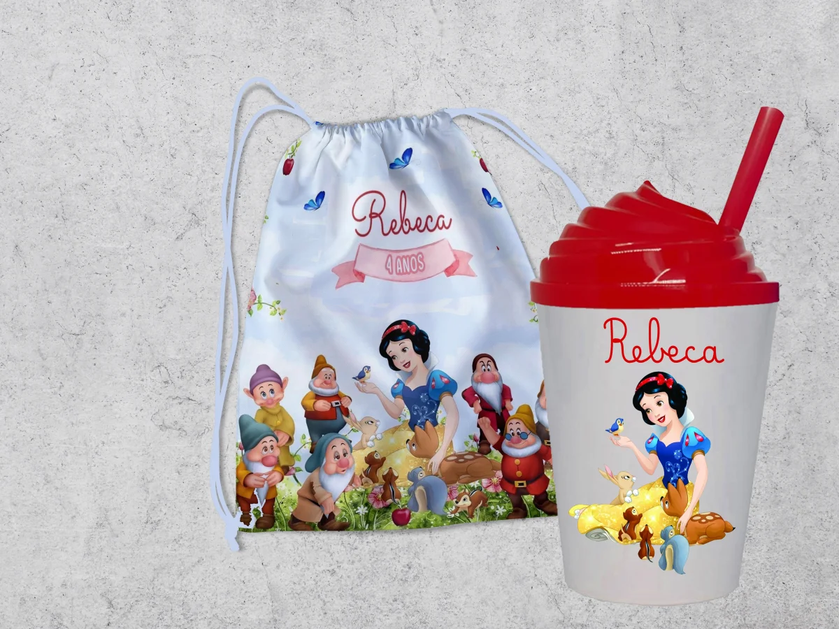 Kit Mochilinha e Copo Chantilly Personalizado Lembrancinhas da Branca de Neve - Imagem 2