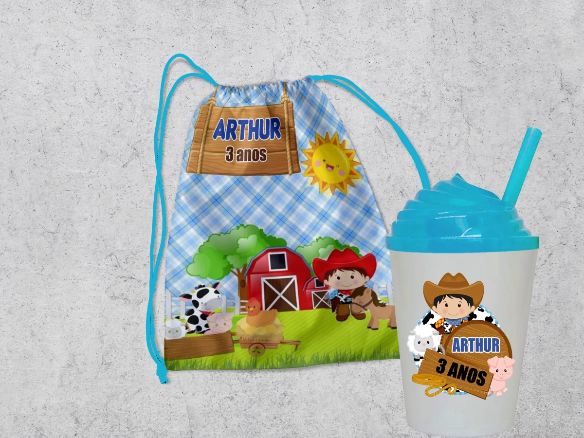Kit Mochilinha e Copo Chantilly Personalizado Lembrancinhas Fazendinha - Imagem 4