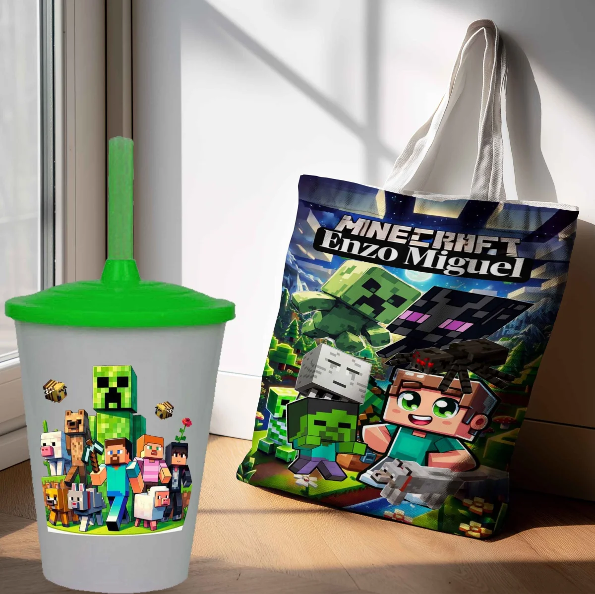 Kit Sacola Ecobag + Copo Twister Personalizado Lembrancinhas do Minecraft - Imagem 1