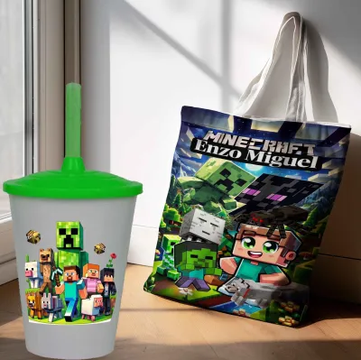 Kit Sacola Ecobag  + Copo Twister Personalizado Lembrancinhas do Minecraft