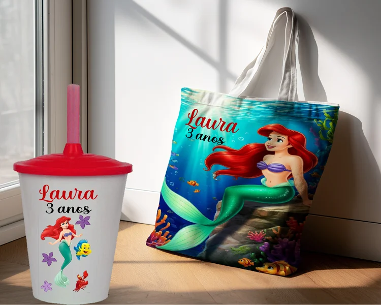 Kit Sacola Ecobag + Copo Twister Personalizado Lembrancinhas Sereia Ariel - Imagem 4