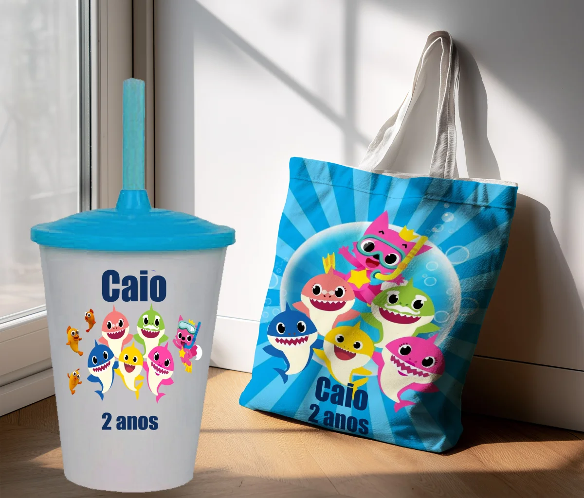 Kit Sacola Ecobag + Copo Twister Personalizado Lembrancinhas Baby Shark - Imagem 5