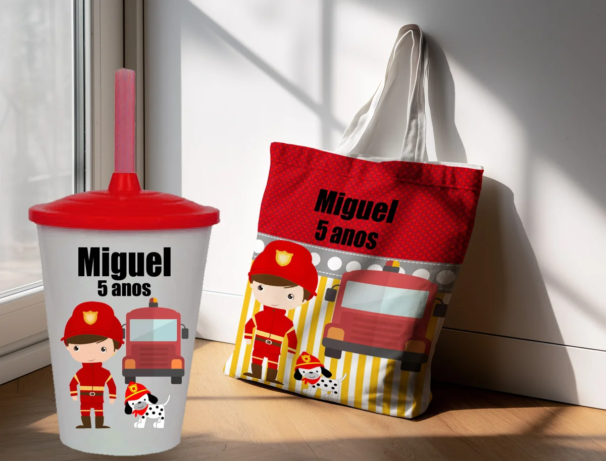 Kit Sacola Ecobag + Copo Twister Personalizado Lembrancinhas dos Bombeiros - Imagem 2