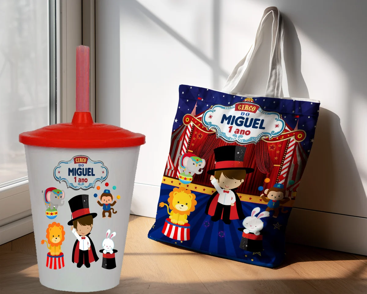 Kit Sacola Ecobag  + Copo Twister Personalizado Lembrancinhas do Circo Magico - Imagem 4