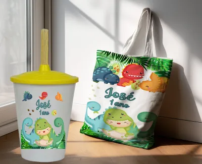 Kit Sacola Ecobag  + Copo Twister Personalizado Lembrancinhas Dinossauros Baby