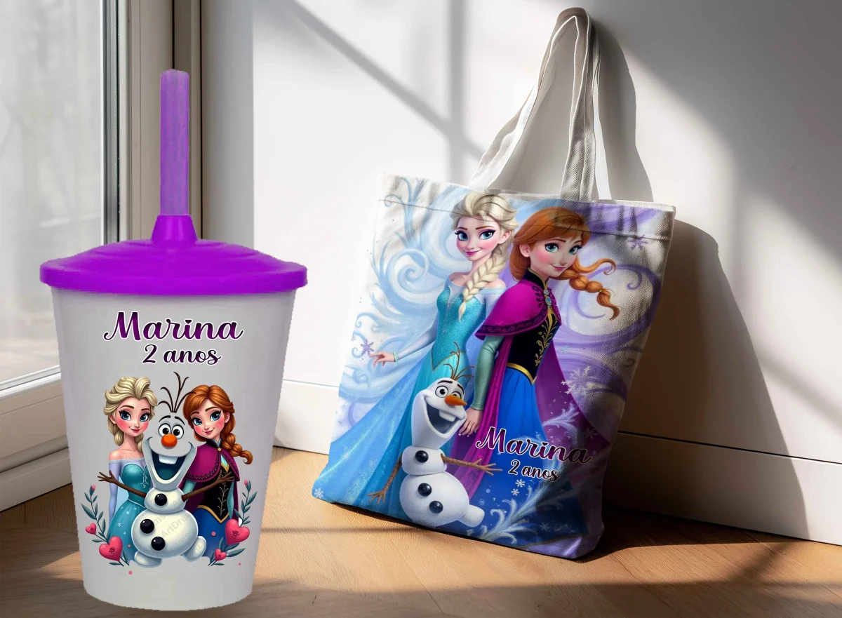 Kit Sacola Ecobag + Copo Twister Personalizado Lembrancinhas Frozen - Imagem 4