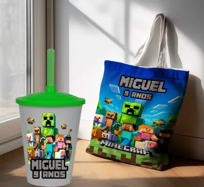Kit Sacola Ecobag  + Copo Twister Personalizado Lembrancinhas Minecraft