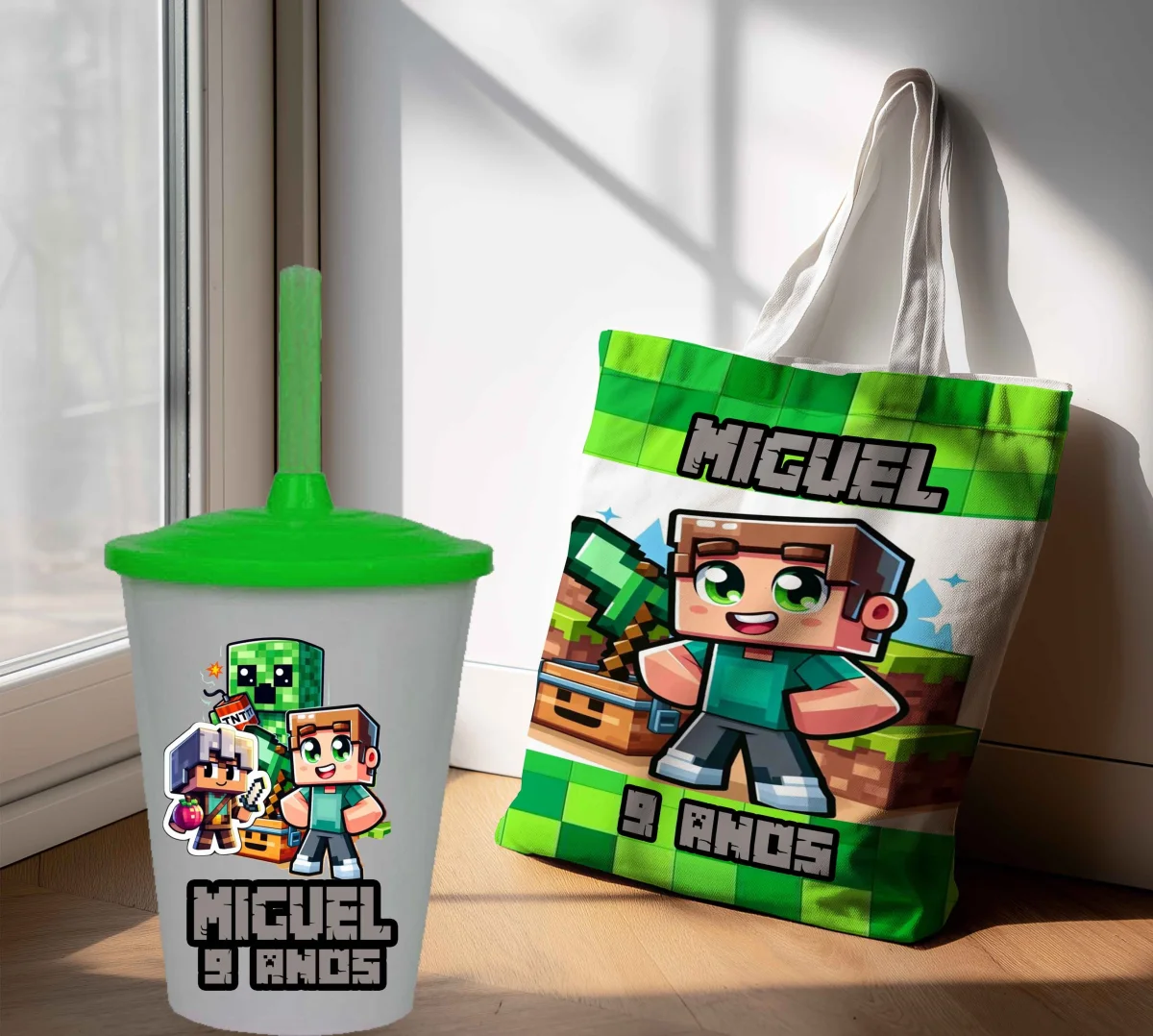 Kit Sacola Ecobag + Copo Twister Personalizado Lembrancinhas Minecraft - Imagem 2