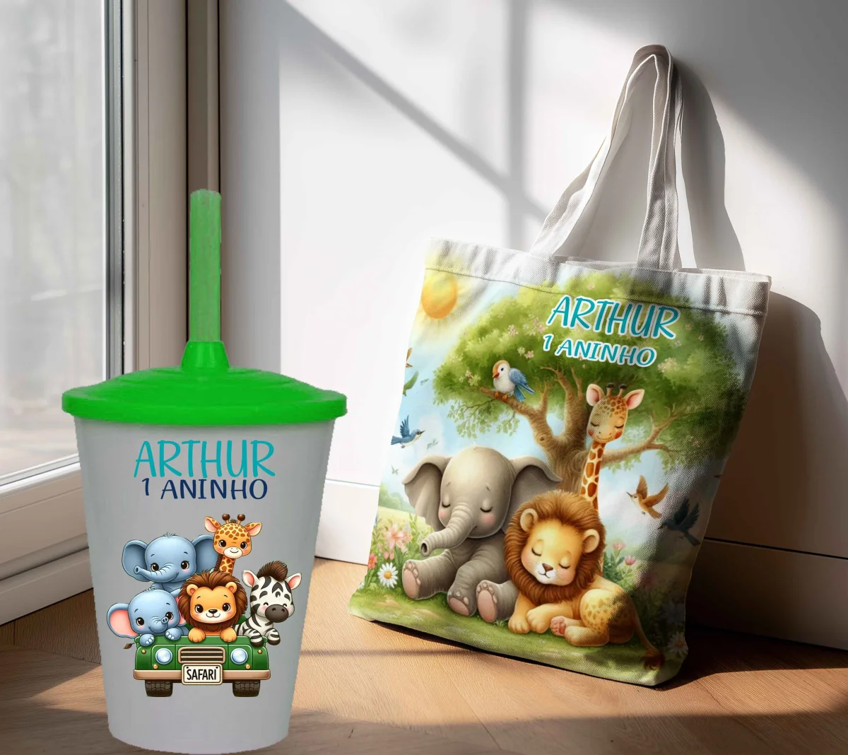 Kit Sacola Ecobag + Copo Twister Personalizado Lembrancinhas Safari Baby - Imagem 3