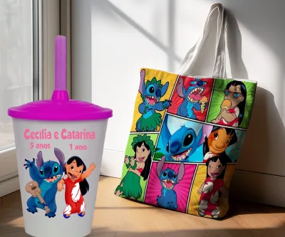 Kit Sacola Ecobag  + Copo Twister Personalizado Lembrancinhas Lillo Sticth