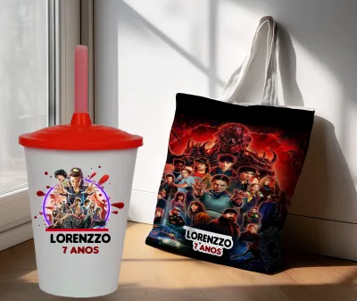 Kit Sacola Ecobag  + Copo Twister Personalizado Lembrancinhas Stranger Things