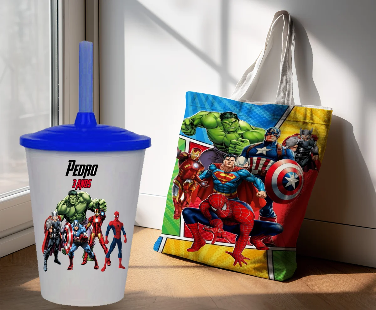 Kit Sacola Ecobag + Copo Twister Personalizado Lembrancinhas dos Vingadores - Imagem 4