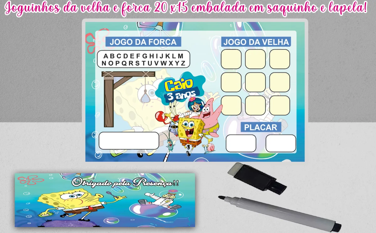 Joguinho da Velha e Forca Lembrancinhas do Bob Esponja - Imagem 1