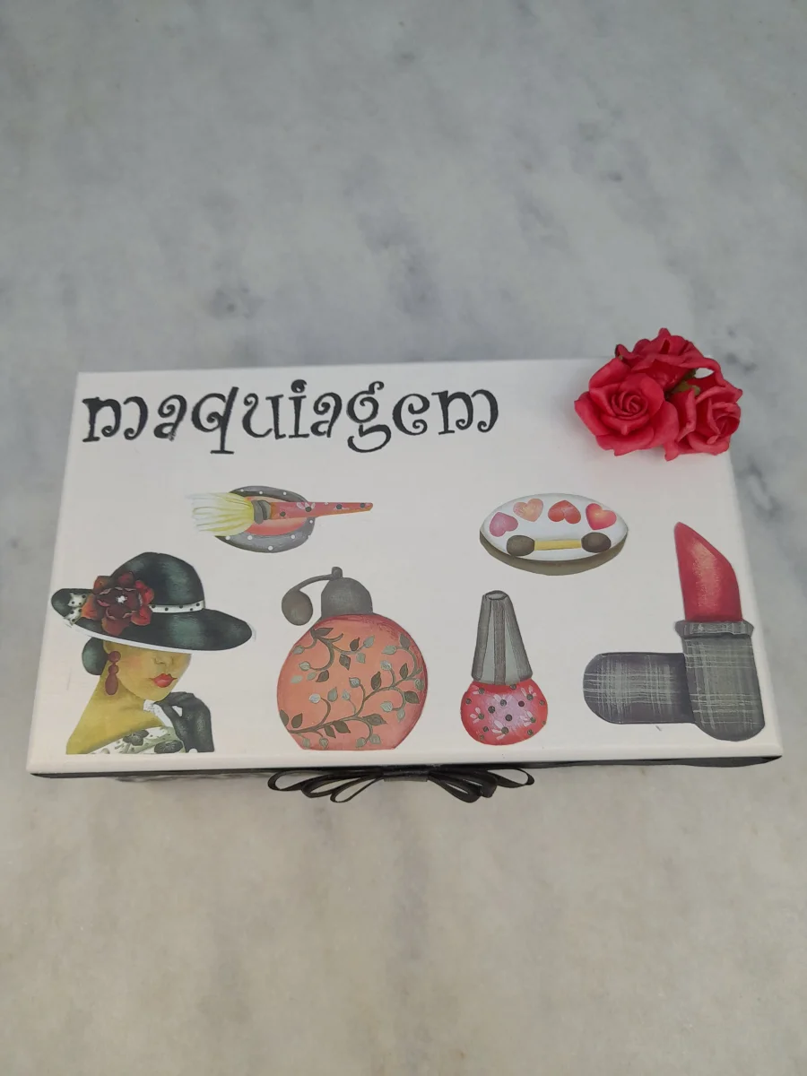Caixa para maquiagem branca e preta decorada c/ 2 - Imagem 3