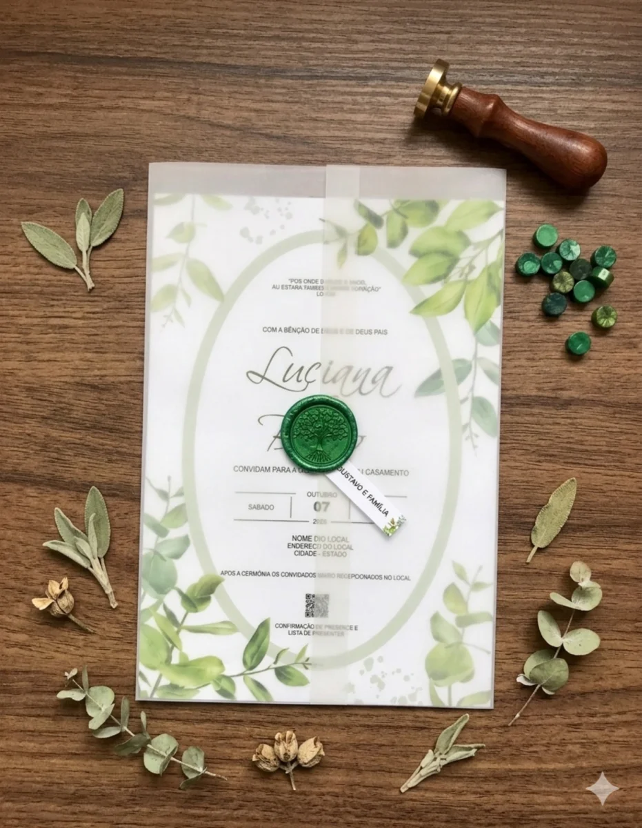 Convite de Casamento Botânico Verde-Oliva Eucalipto com Papel Vegetal - Imagem 1
