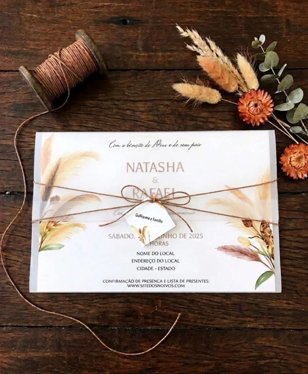 Convite de Casamento Boho Chic Capim dos Pampas com Envelope Vegetal - Imagem 1