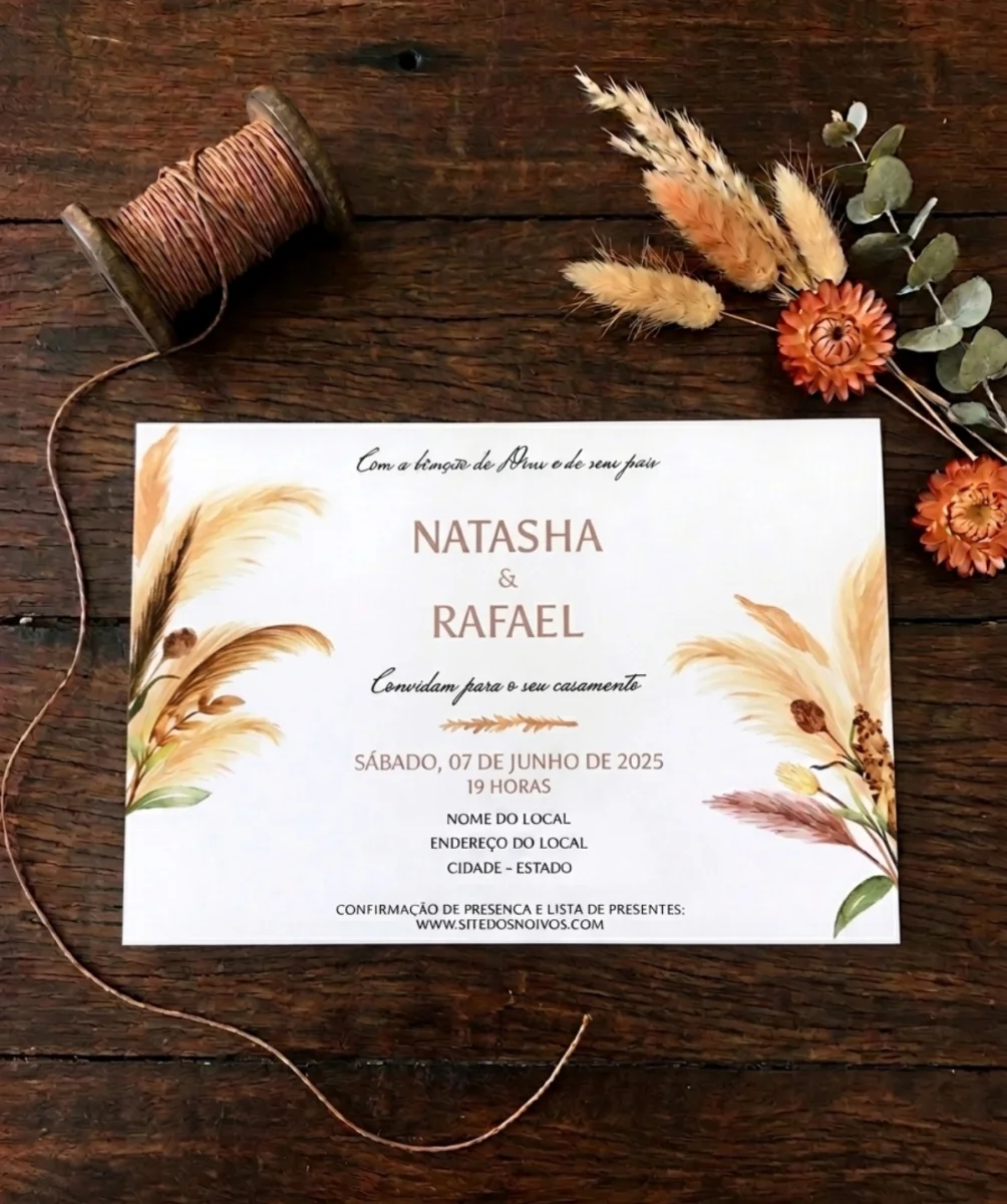 Convite de Casamento Boho Chic Capim dos Pampas com Envelope Vegetal - Imagem 2
