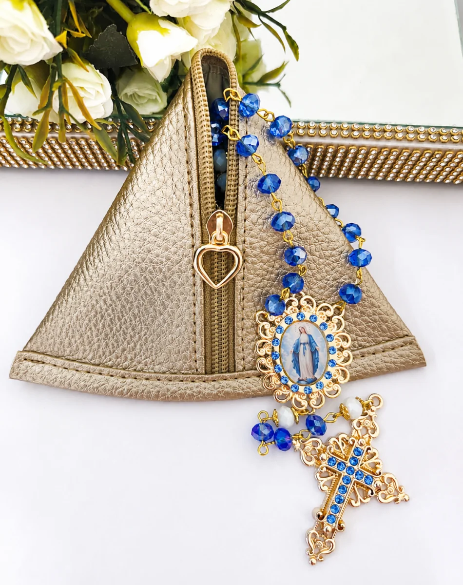 Kit Terço Nossa Senhora das Graças com Strass e  Porta-Terço Dourado