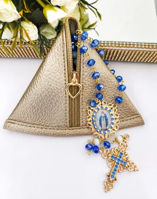 Kit Terço Nossa Senhora das Graças com Strass e  Porta-Terço Dourado
