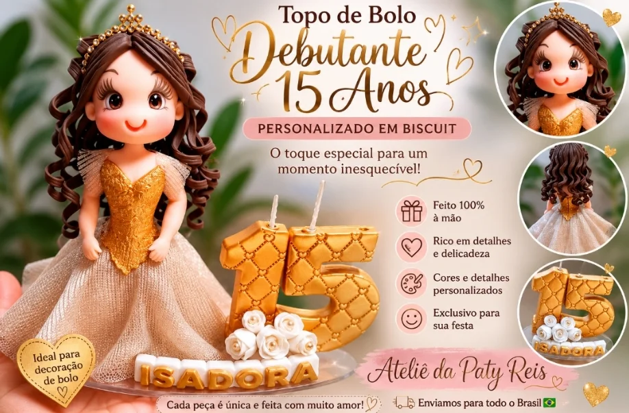 Topo de Bolo Debutante 15 Anos Personalizado em Biscuit com Vela e Nome - Imagem 3