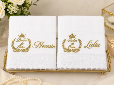 Jogo de Toalhas de Banho para Casal Personalizado – Tema Bodas de Ouro