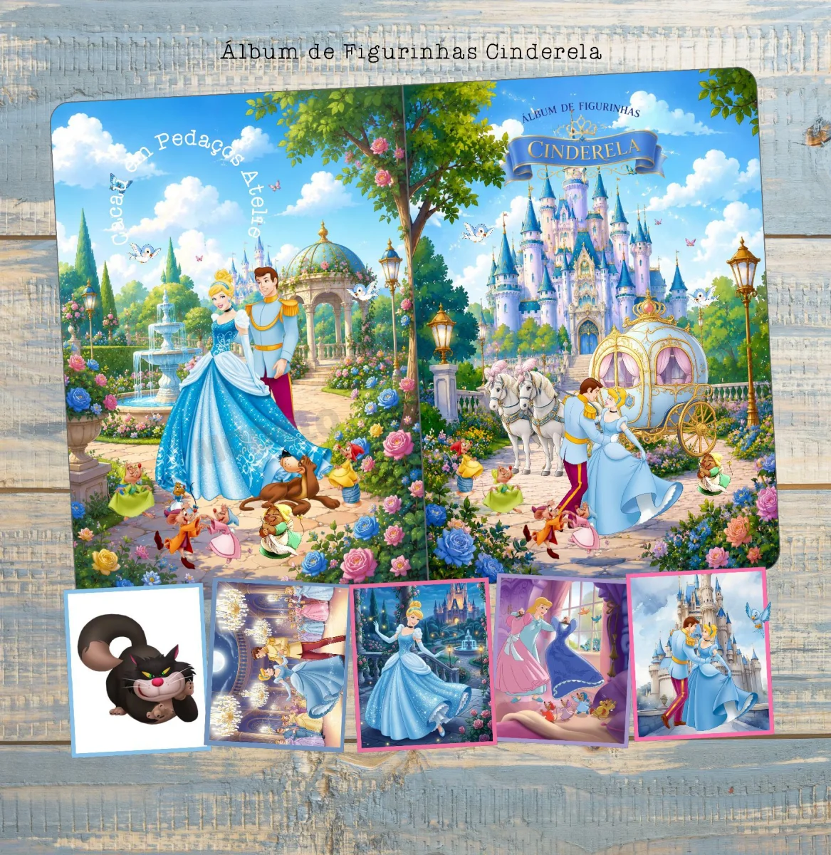 Cinderela Princesas Álbum de Figurinhas Atividades Desenhos Colorir lembrancinha 20 unidades - Imagem 1