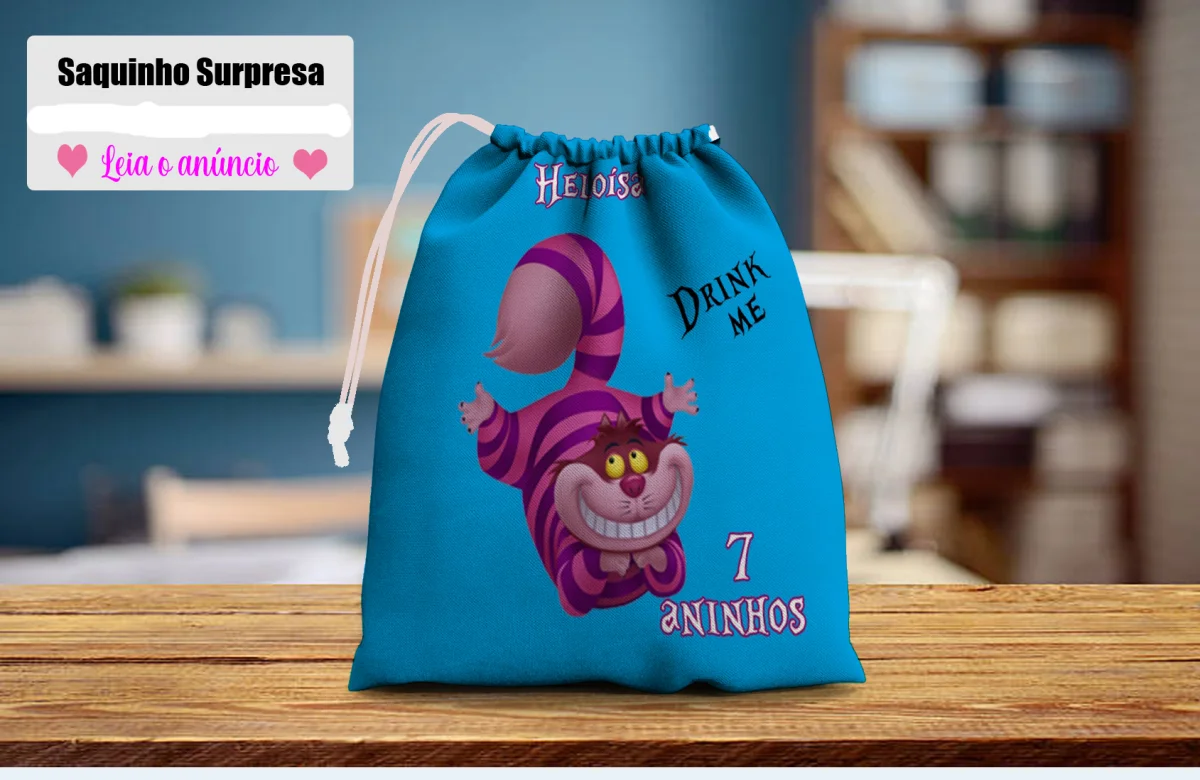 Saquinho Surpresa Personalizado para lembrancinhas infantil Gato Risonho da Alice - Imagem 4