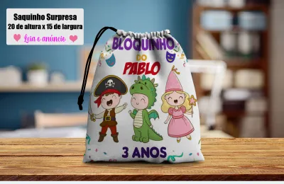 Saquinho Surpresa Personalizado para lembrancinhas infantil Bloquinho de Carnaval
