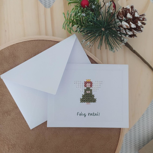Cartão de Natal Bordado - Anjo - 5 Unidades