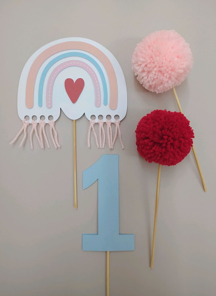 Topo de Bolo Arco Íris Boho com Pompom - Kit