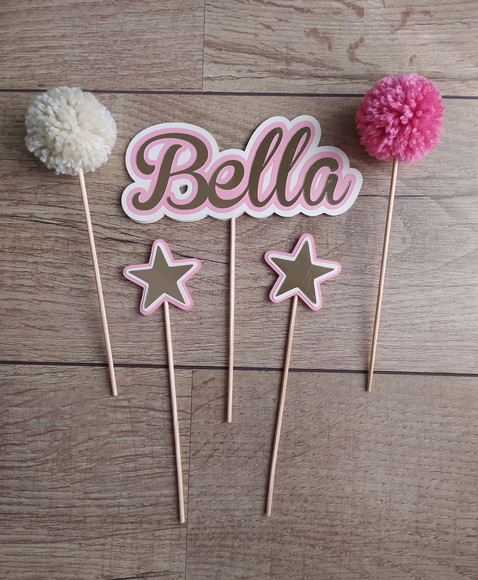 Topo de Bolo com Nome Personalizado com Pompom - kit