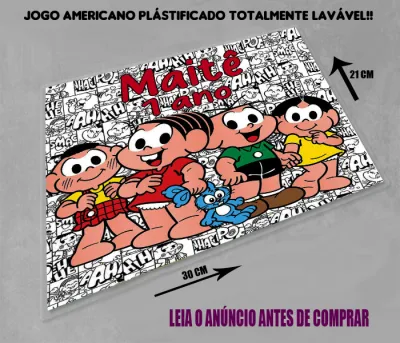 Jogo Americano Sousplat  Plastificado personalizado Turma da Mônica