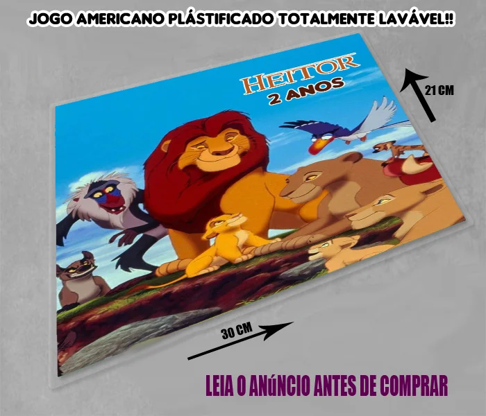 Jogo Americano Sousplat Plastificado personalizado do Rei Leão - Imagem 3