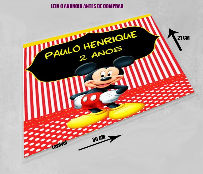 Jogo Americano Sousplat Plastificado personalizado decoração de Mesa festa do Mickey - Imagem 1