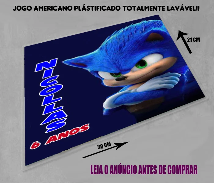 Jogo Americano Sousplat Plastificado personalizado do Sonic - Imagem 1