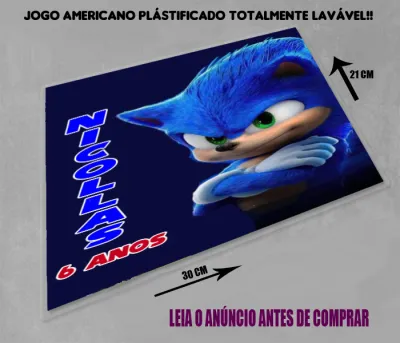 Jogo Americano Sousplat  Plastificado personalizado do Sonic